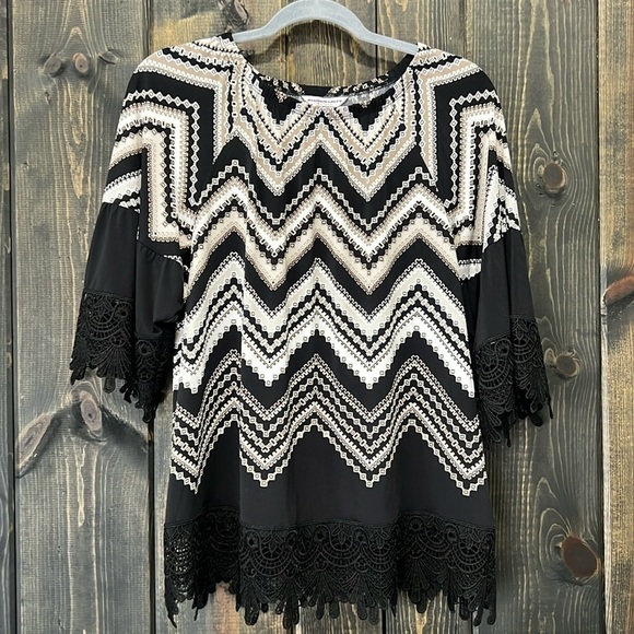 Allison Daley Tunic Top S Petite Blouse Neutral Lace Trim Chevron Stripes Dressy - Picture 1 of 8